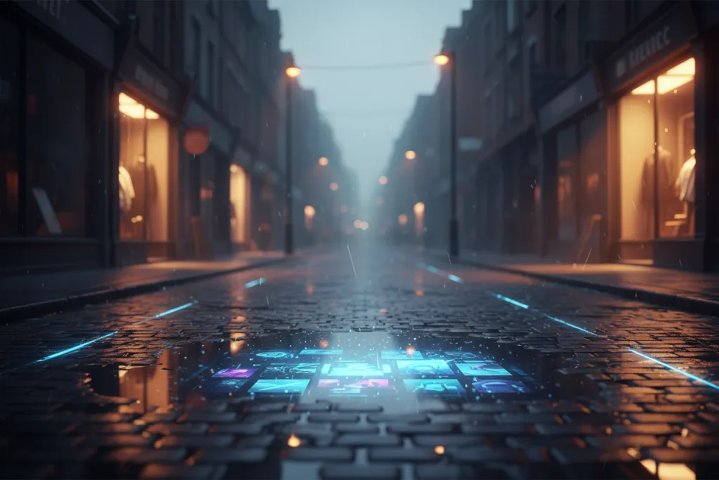 Buy Death Stranding 2 PS5 digitally via PlayStation Store reflected in rain-wet UK street at dusk