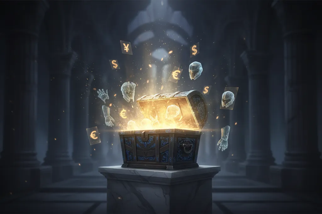 Illustration of a glowing collector's chest spilling light on a marble pedestal, symbolizing whether a ps5 deluxe editio