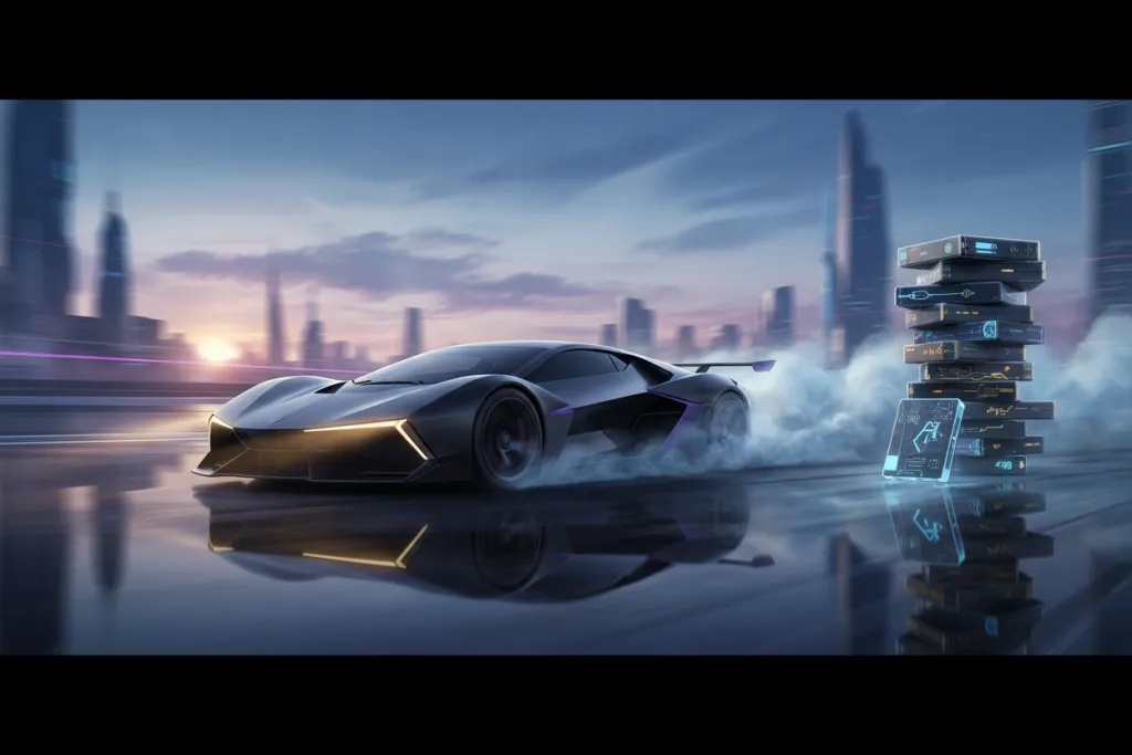 A sleek race car drifting on a dark track next to a stack of glowing classic game cases.
