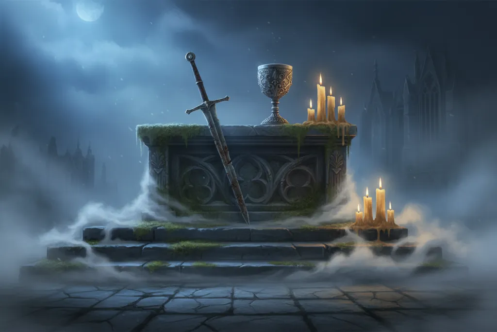 Stylized image of a sword and chalice on a foggy stone altar representing two classic action RPGs.