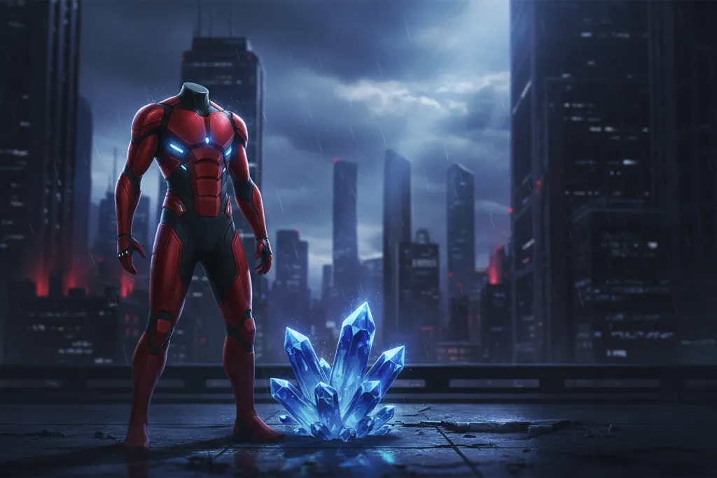 Stylized image of a suit variant and glowing shards representing Spider-Man 2's deluxe suits and skill points