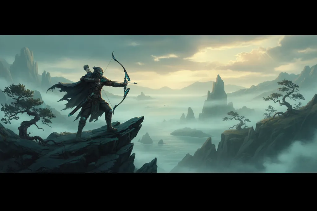 Illustration of a masked archer overlooking a misty island strait with twisted pines and sea cliffs, evoking Ghost of Ts