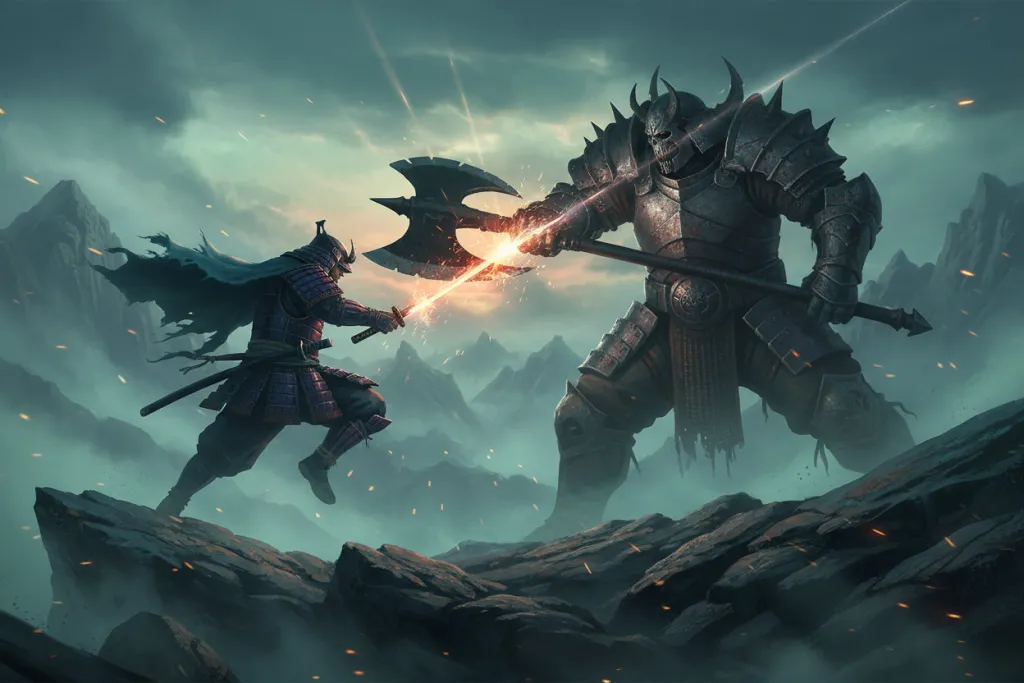 A samurai duels a towering armored raider on a fog-covered cliff edge amid clashing sparks and cold dusk light.