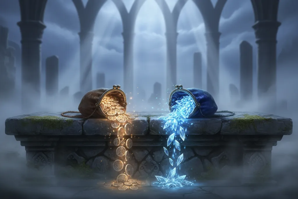 Two glowing purses of currency, one ochre and ancient, the other pale blue and crystalline, on a foggy altar.