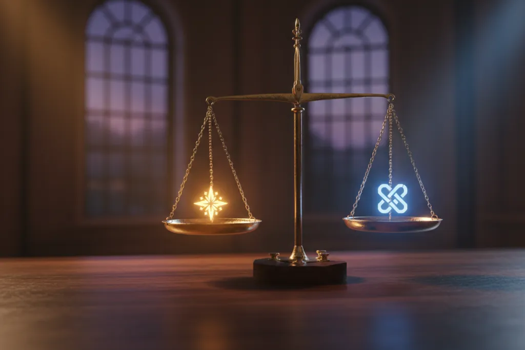 Brass scales balancing warm amber and cool blue light, illustrating the launch day vs PS Plus decision for ps5 games fal