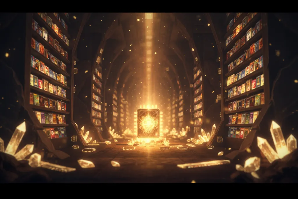 Glowing vault of game cases in warm amber light, representing the value of the PSN Labour Day sale 2026