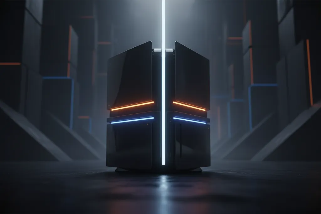 PS Plus Extra and Premium tier breakdown illustrated by dual glowing console light beams on dark studio surface