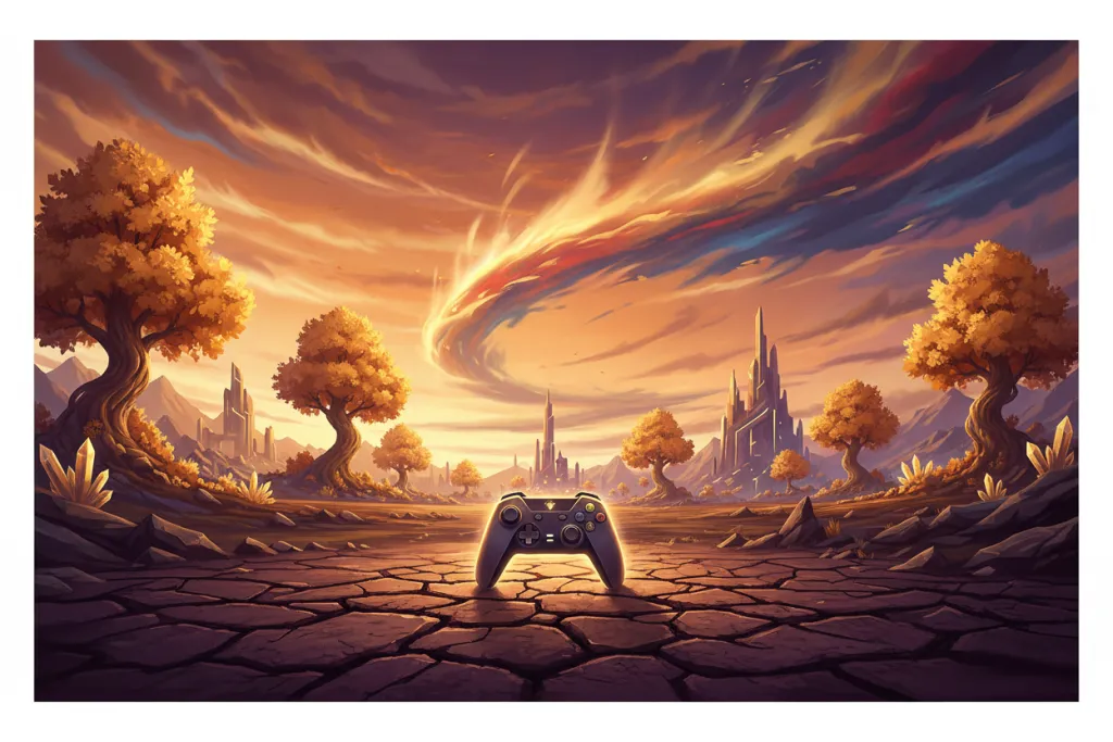 Glowing PS controller on dramatic split amber-violet horizon, capturing the competitive intensity of PS Plus free games