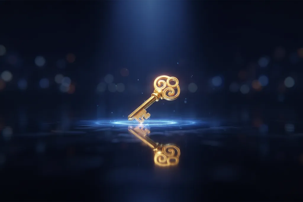 Golden key glowing with blue light symbolising PlayStation Plus reveals at PlayStation State of Play August 2026