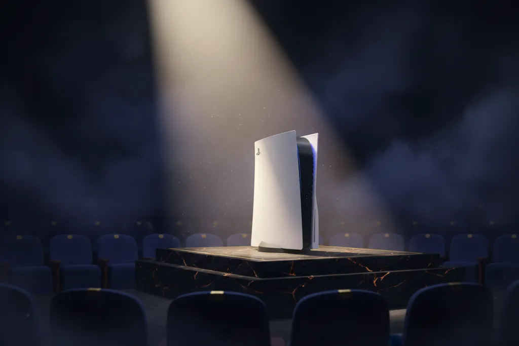 PlayStation State of Play August 2026 spotlight illuminates a PS5 console on a dark stage, cinematic and dramatic