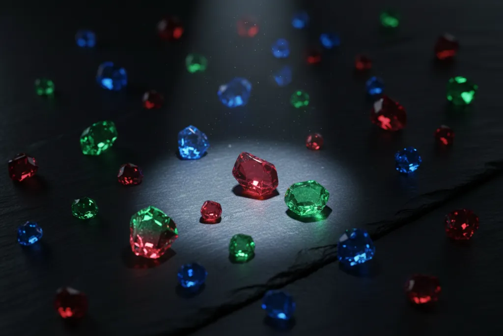 Glowing crystal shards reflecting game-world colours on dark slate, symbolising PS Plus September 2026 free games predic