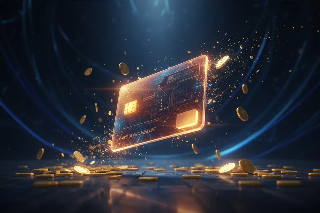 Glowing digital wallet with golden coins dissolving into light, representing a PSN wallet strategy for ps5 games fall 20
