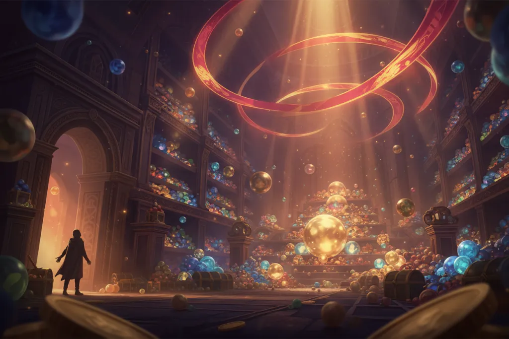 Vast glowing game vault in amber and purple light with silhouetted figure, illustrating full PS Plus value beyond Septem