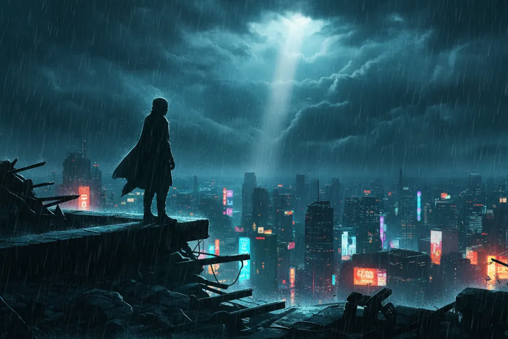 PlayStation State of Play August 2026 first-party exclusive: silhouette on a rain-soaked neon-lit coastal city rooftop