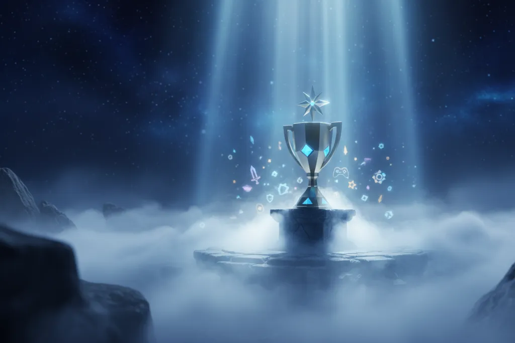 Luminous trophy emerging from fog on stone platform, representing a smart PSN Labour Day sale 2026 wishlist prioritisati