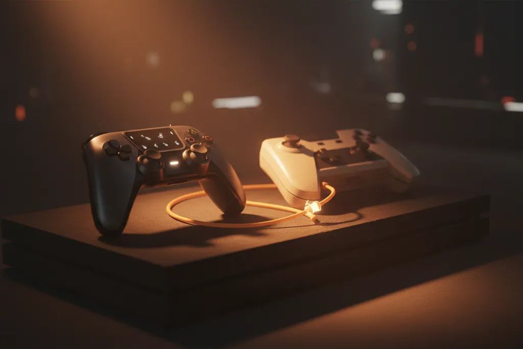 PS4 and PS5 controllers linked by glowing cable, representing cross-gen PlayStation State of Play August 2026 announceme