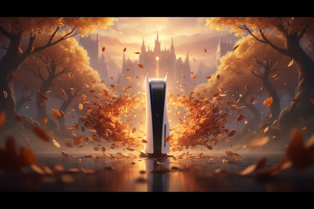 PS5 console surrounded by autumn leaves in warm golden light, symbolising the landmark fall 2026 PS5 games season