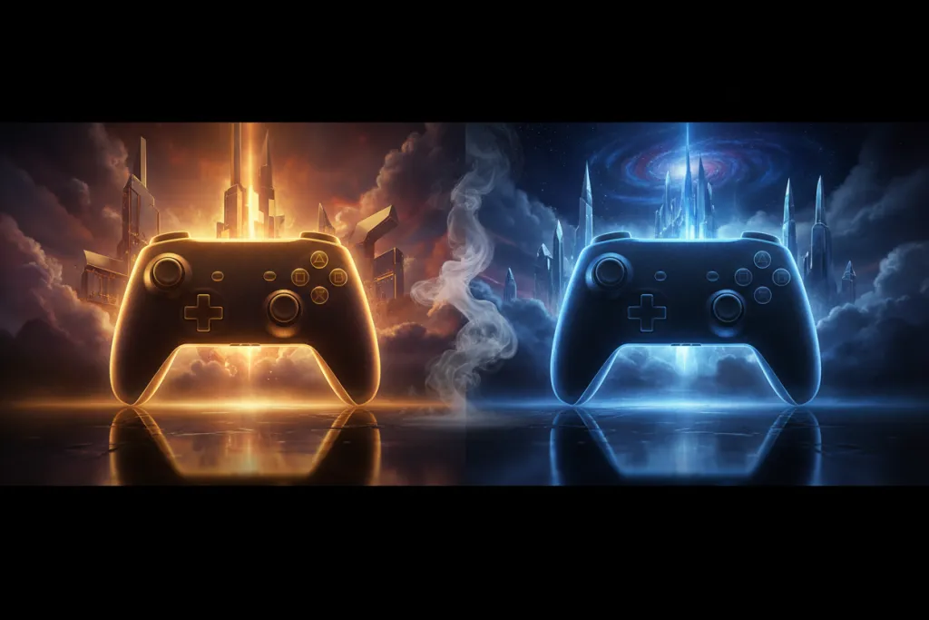 PS Plus Extra vs Premium August 2026 comparison shown as two glowing controllers in gold and blue light